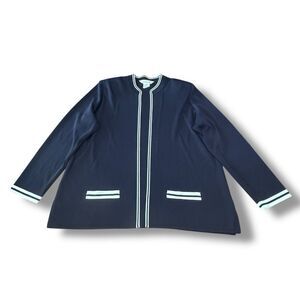 Exclusively Misook Open Cardigan Navy White Classic Coastal Nautical Preppy XL